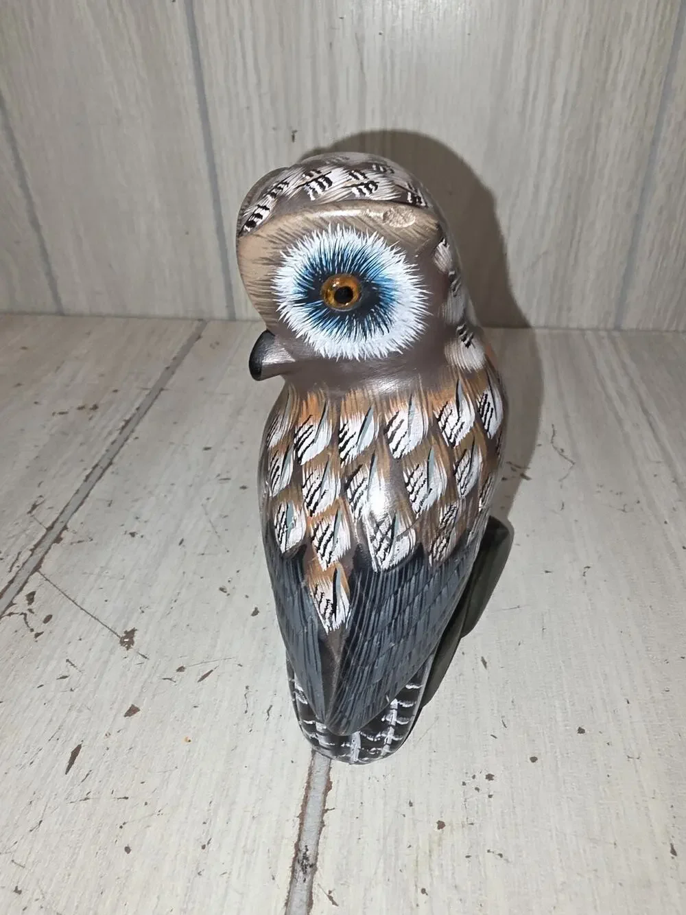 Vintage Owl Carved Stone On Log Hand Painted 5.
